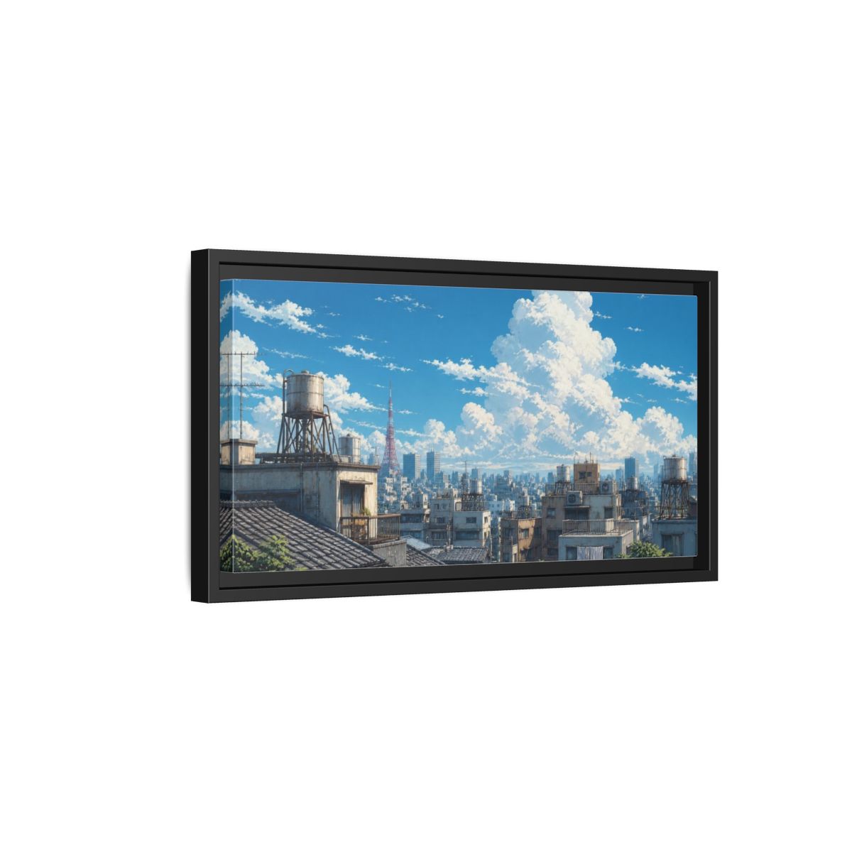 Side Mockup 8. Japanese Rooftops Summer Sky shown as framed canvas print