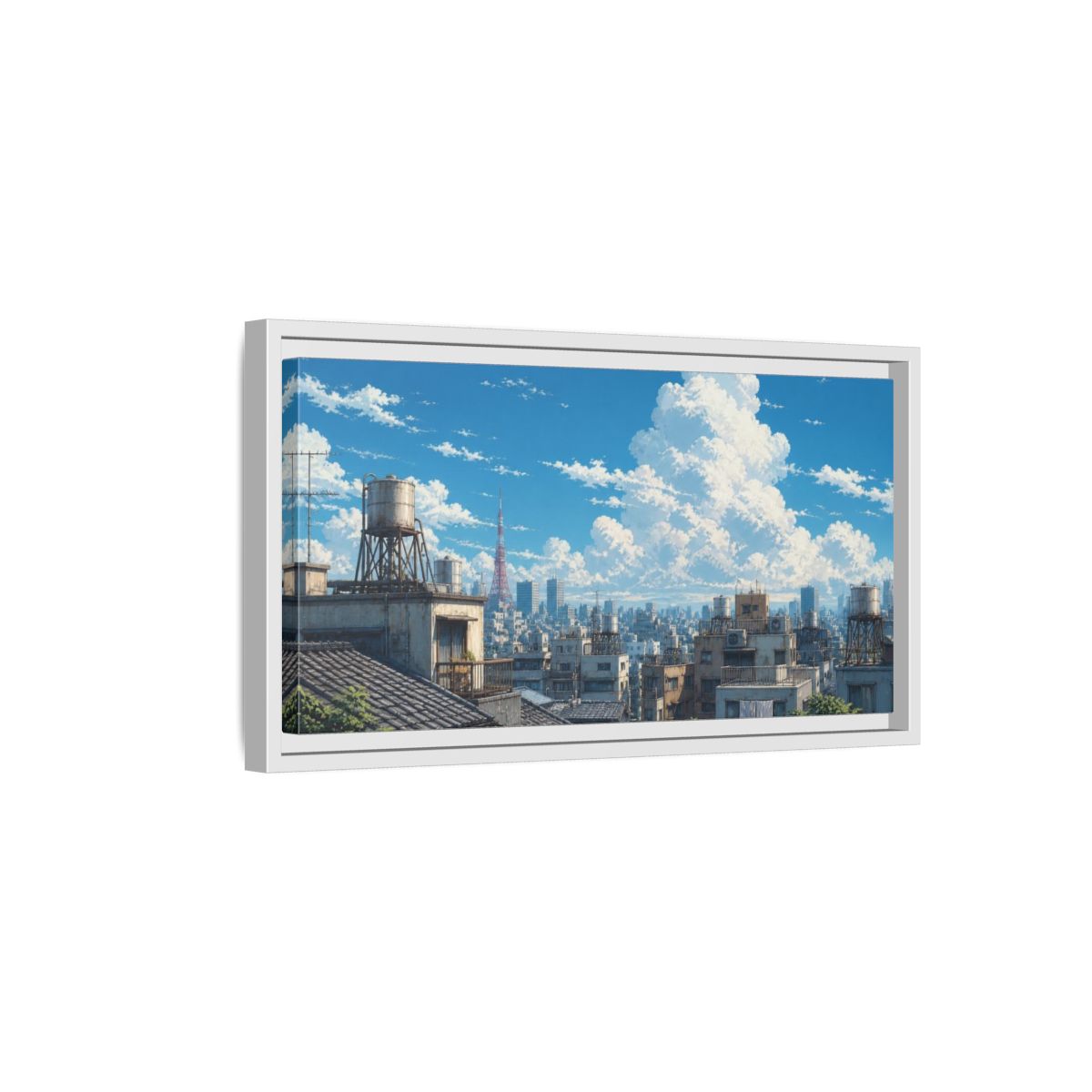 Side Mockup 6. Japanese Rooftops Summer Sky shown as framed canvas print