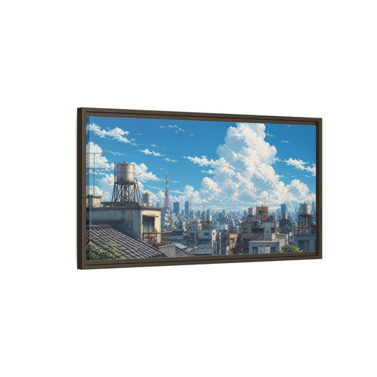 Main Mockup. Japanese Rooftops Summer Sky shown as framed canvas print