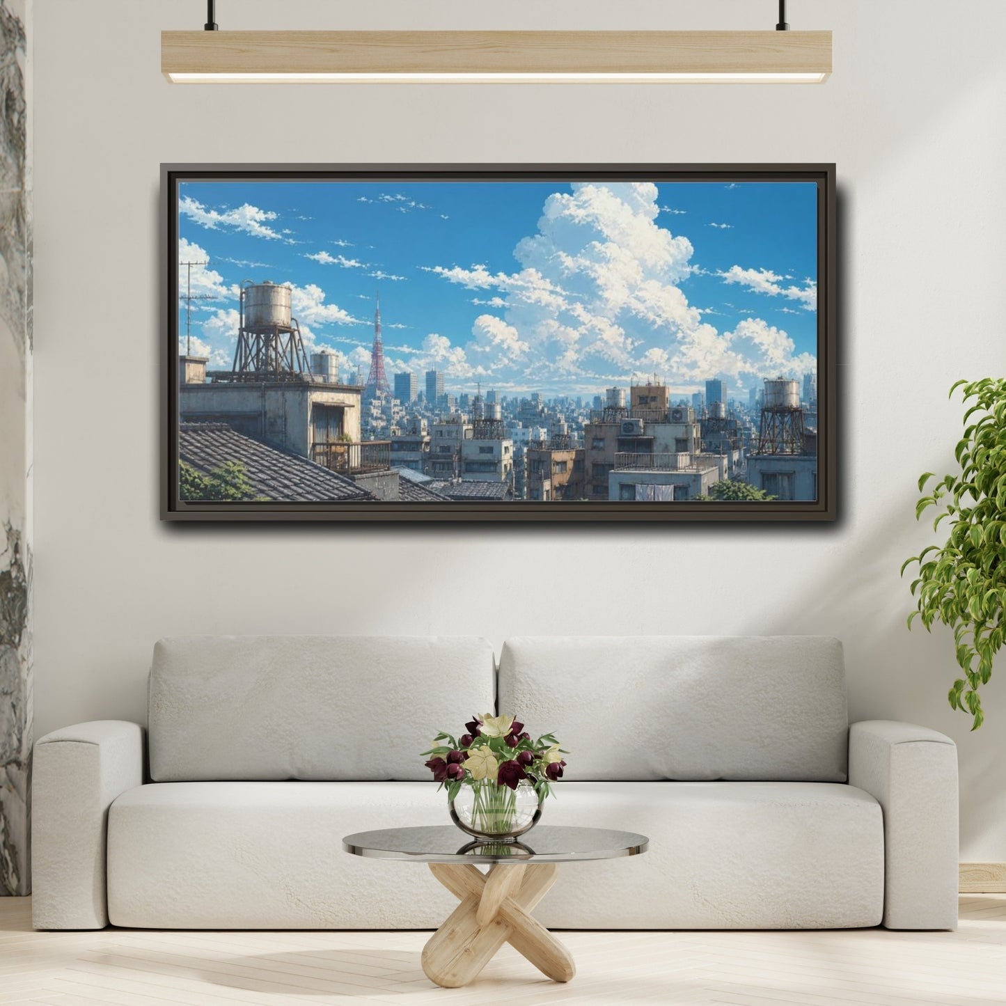 Mockup 2. Japanese Rooftops Summer Sky shown as framed canvas print
