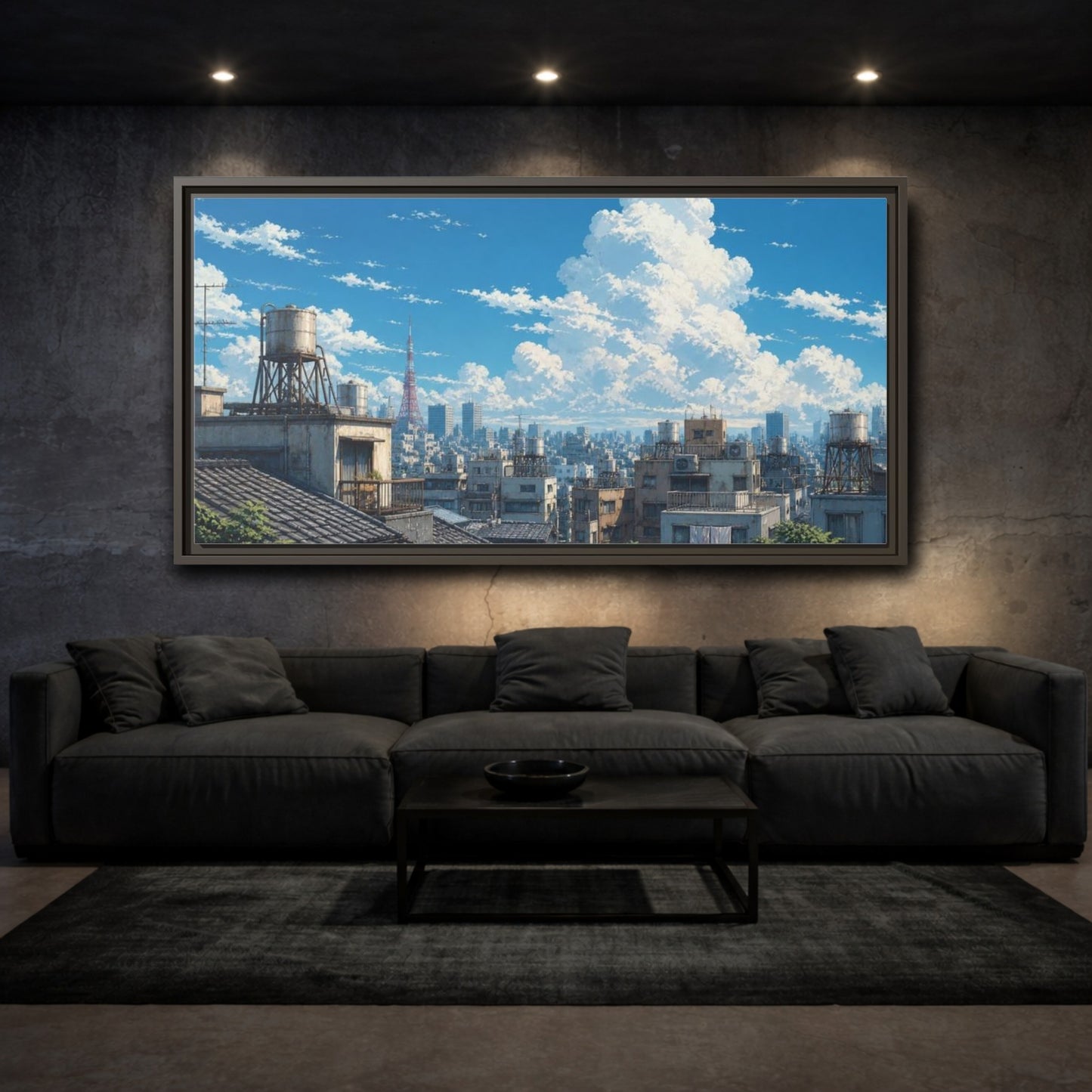 Mockup 3. Japanese Rooftops Summer Sky shown as framed canvas print