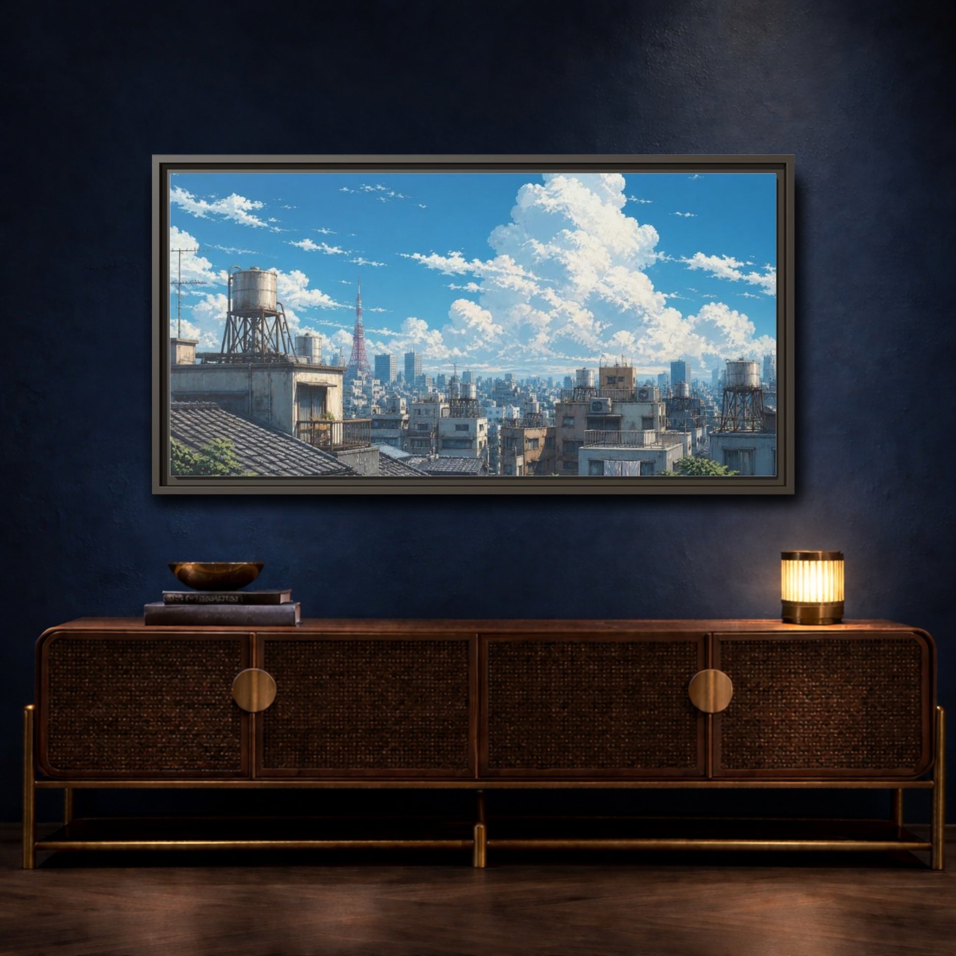 Mockup 4. Japanese Rooftops Summer Sky shown as framed canvas print