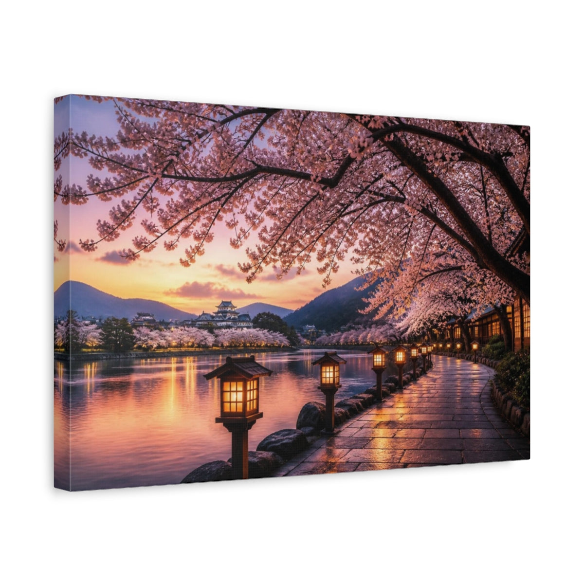 Side Mockup 4. Japanese Sakura Lantern Walk shown as canvas print