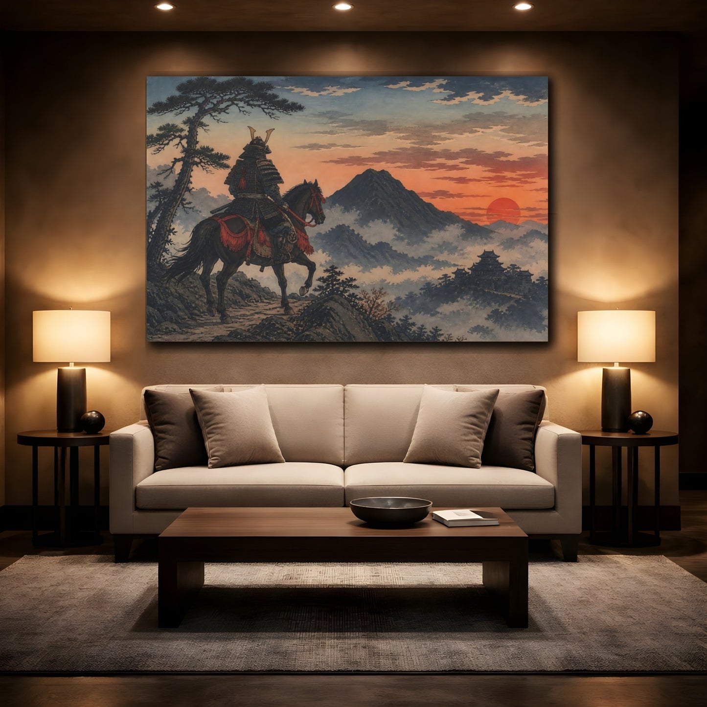 Mockup 2. Japanese Samurai At Sunset shown as canvas print
