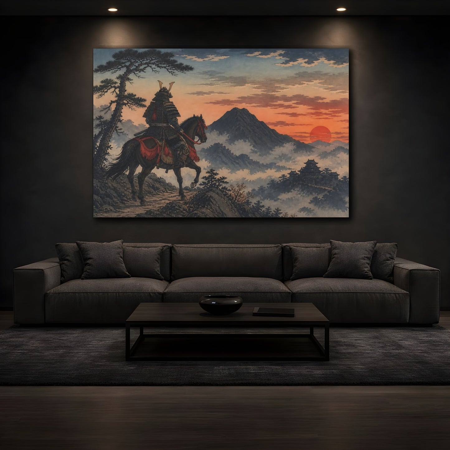 Mockup 3. Japanese Samurai At Sunset shown as canvas print