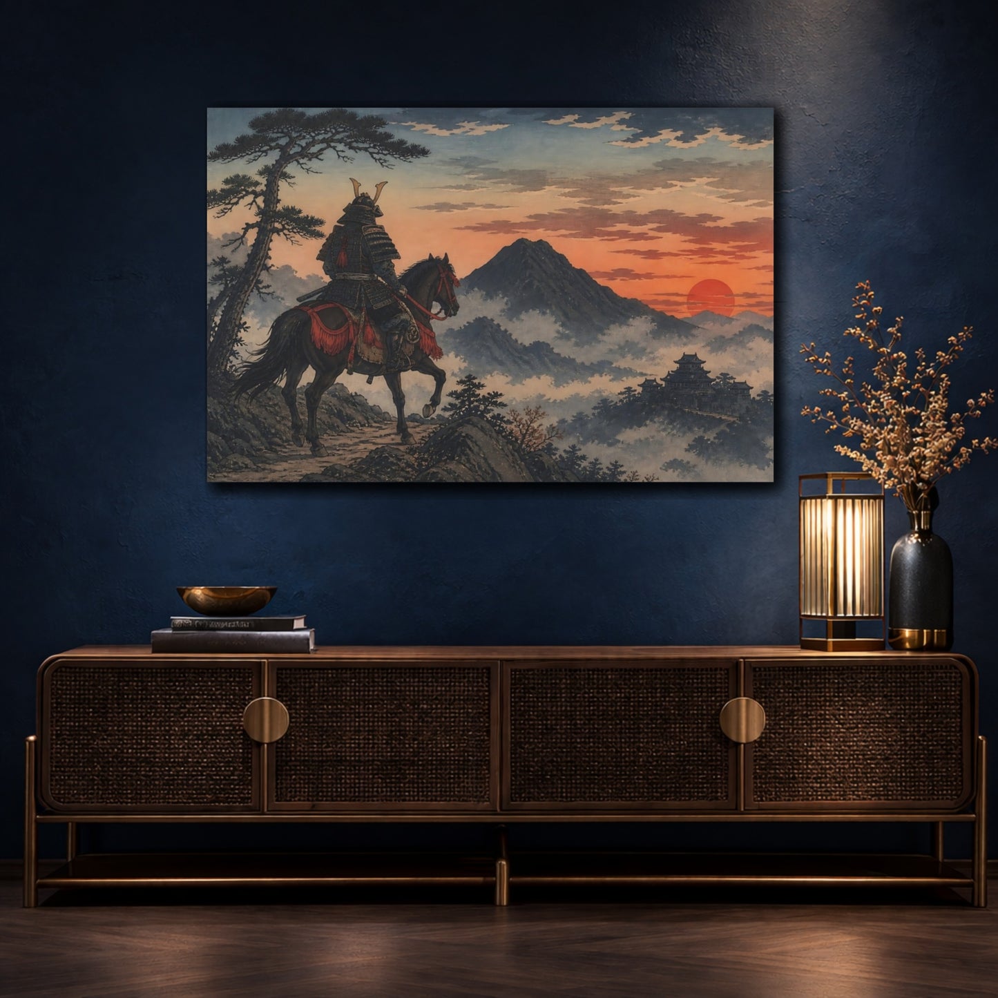 Mockup 4. Japanese Samurai At Sunset shown as canvas print