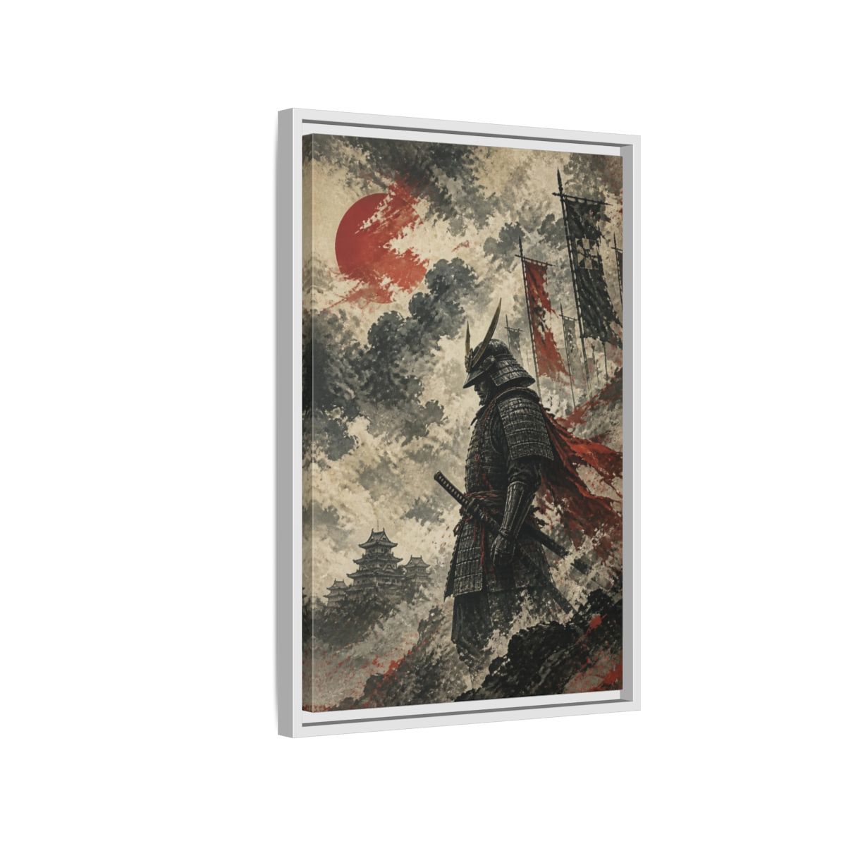 Side Mockup 1. Japanese Samurai Sentinel shown as framed canvas print