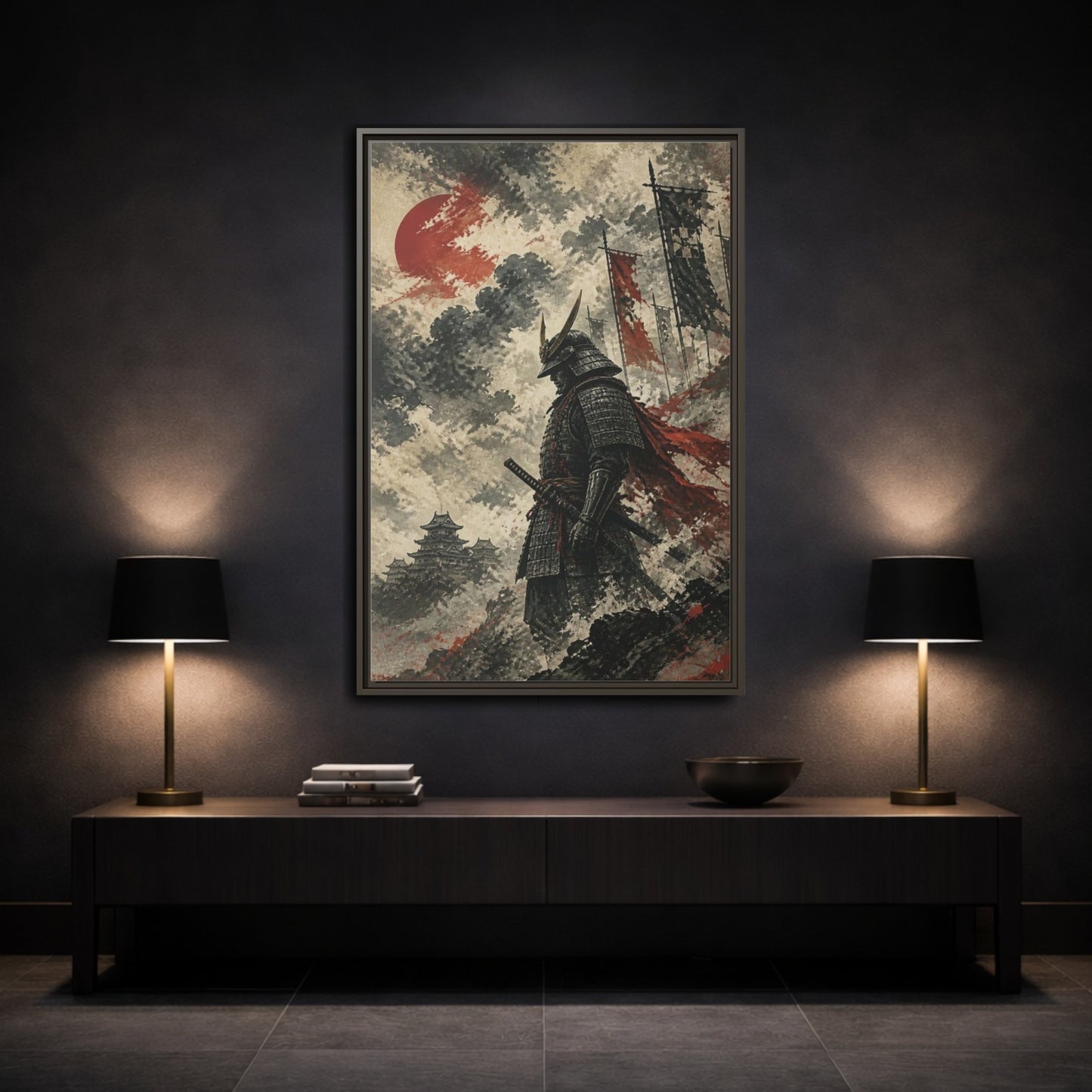 Mockup 3. Japanese Samurai Sentinel shown as framed canvas print