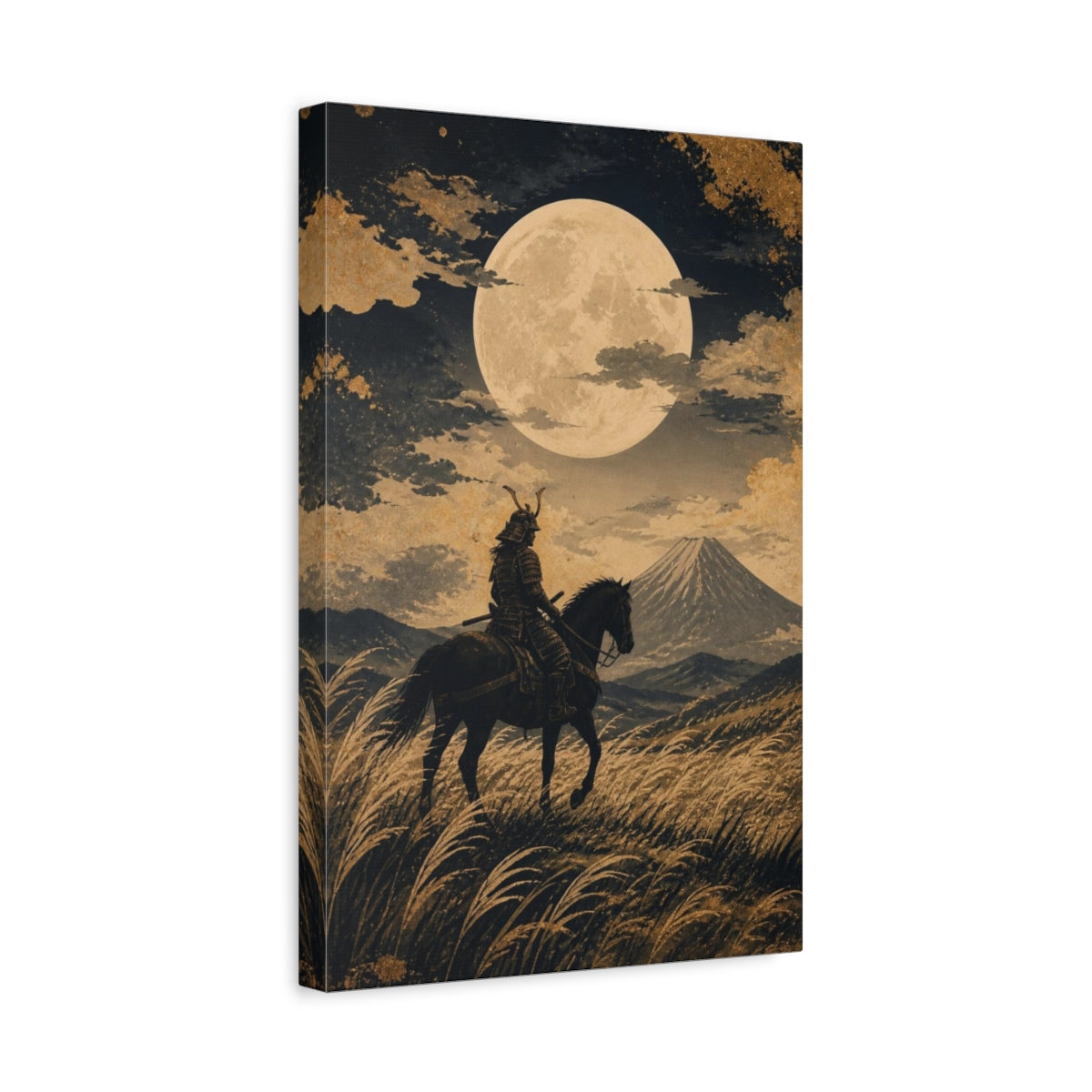 Side Mockup 4. Japanese Samurai Under Moon shown as canvas print