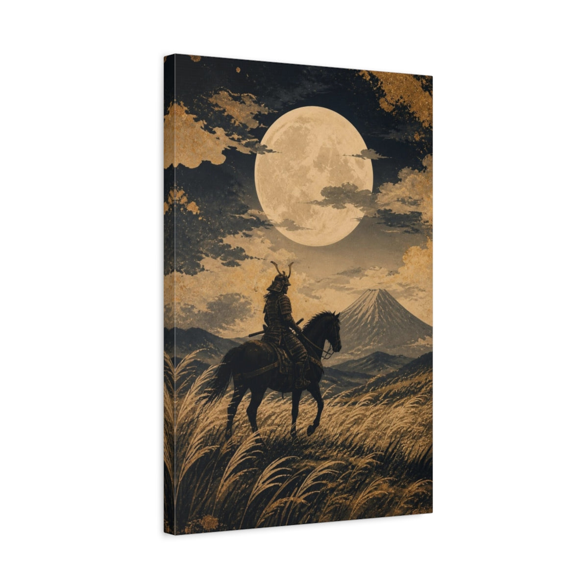 Side Mockup 3. Japanese Samurai Under Moon shown as canvas print