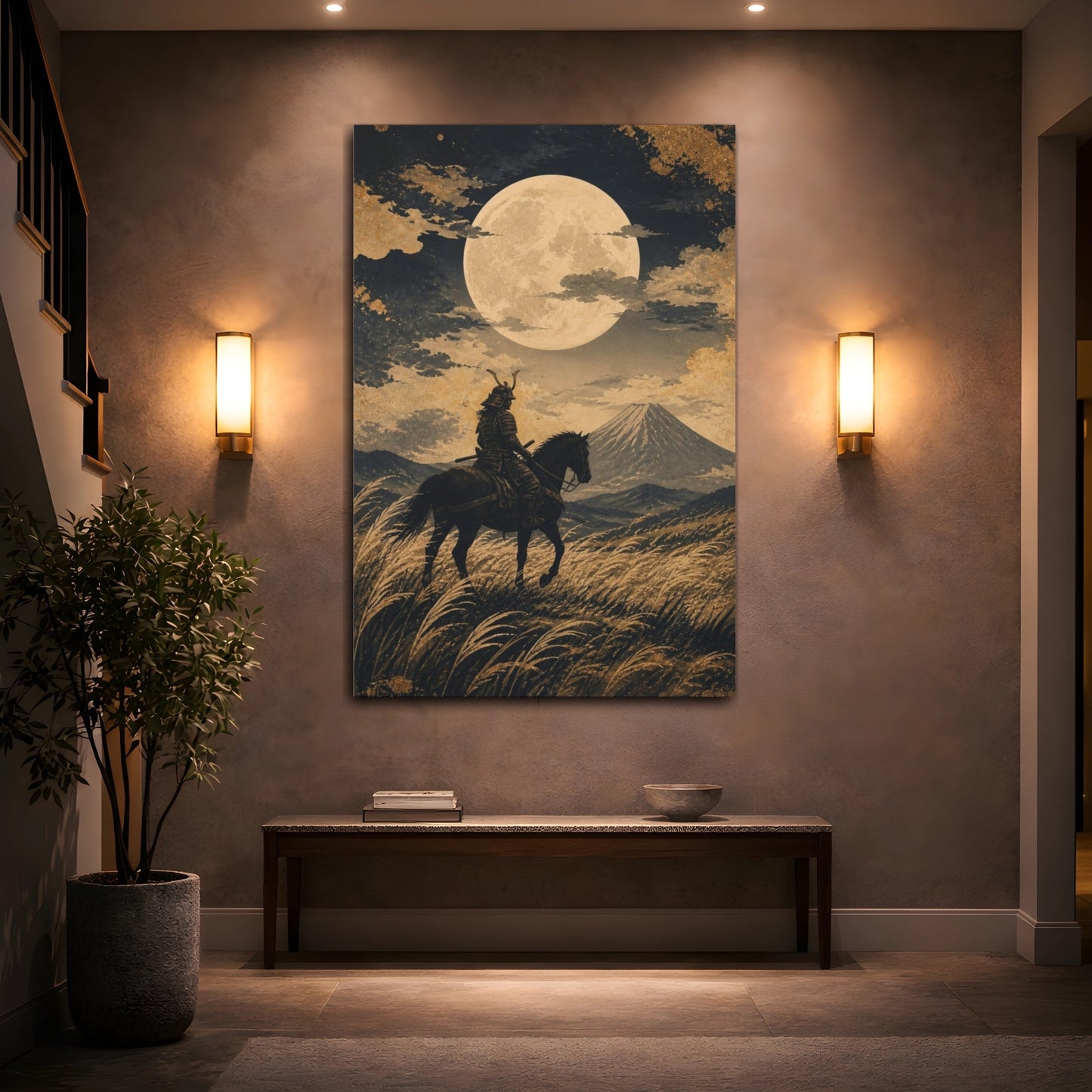 Mockup 2. Japanese Samurai Under Moon shown as canvas print