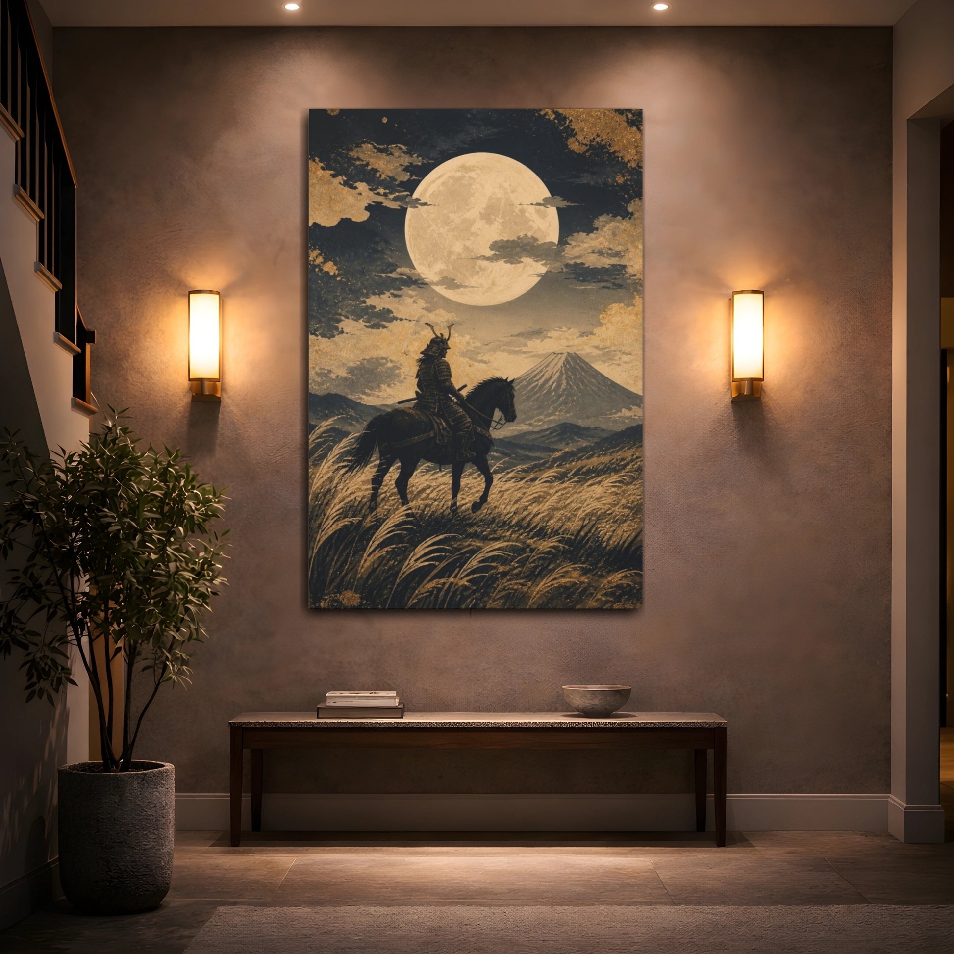 Mockup 2. Japanese Samurai Under Moon shown as canvas print