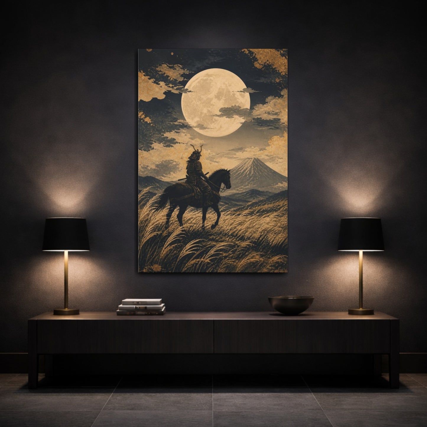 Mockup 3. Japanese Samurai Under Moon shown as canvas print