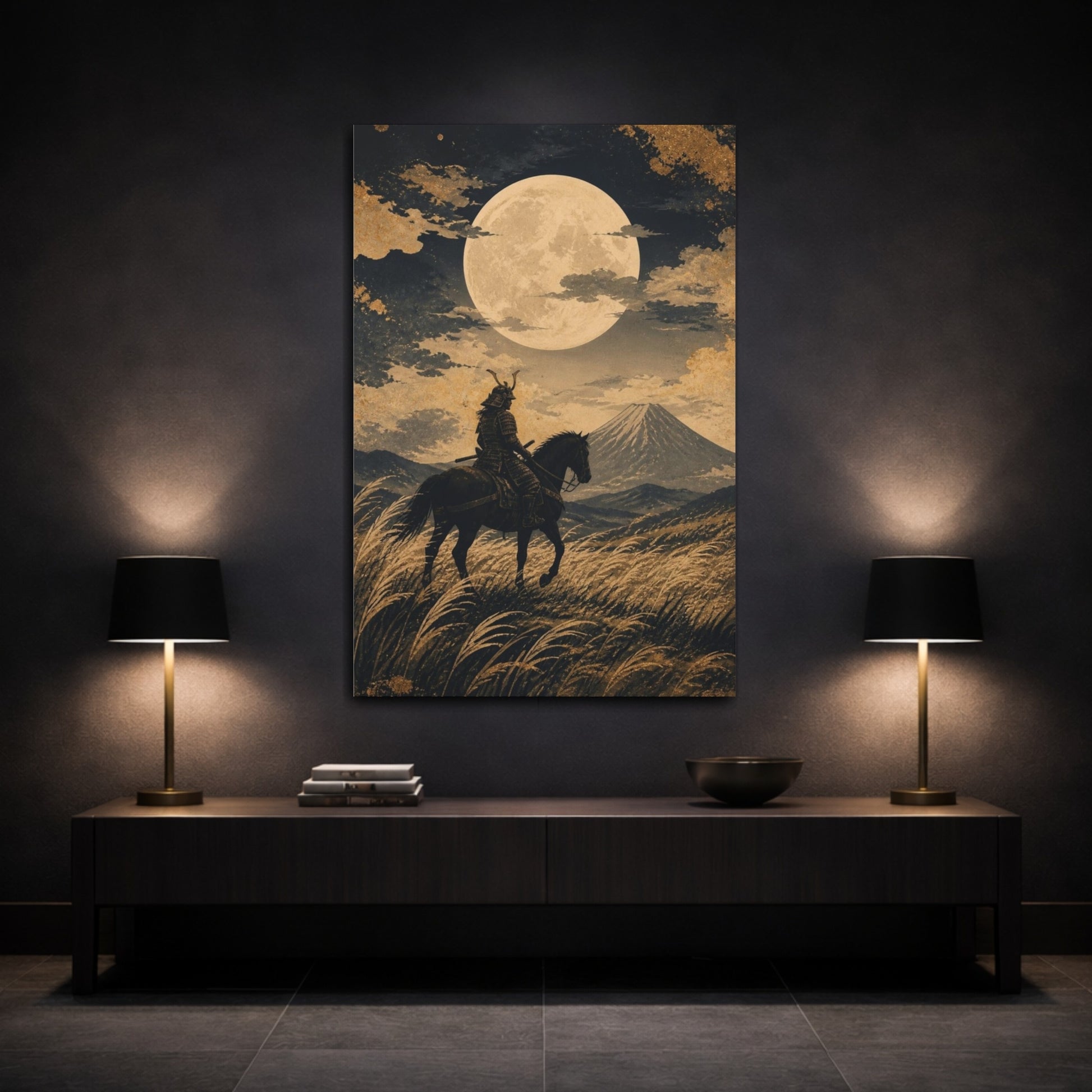 Mockup 3. Japanese Samurai Under Moon shown as canvas print