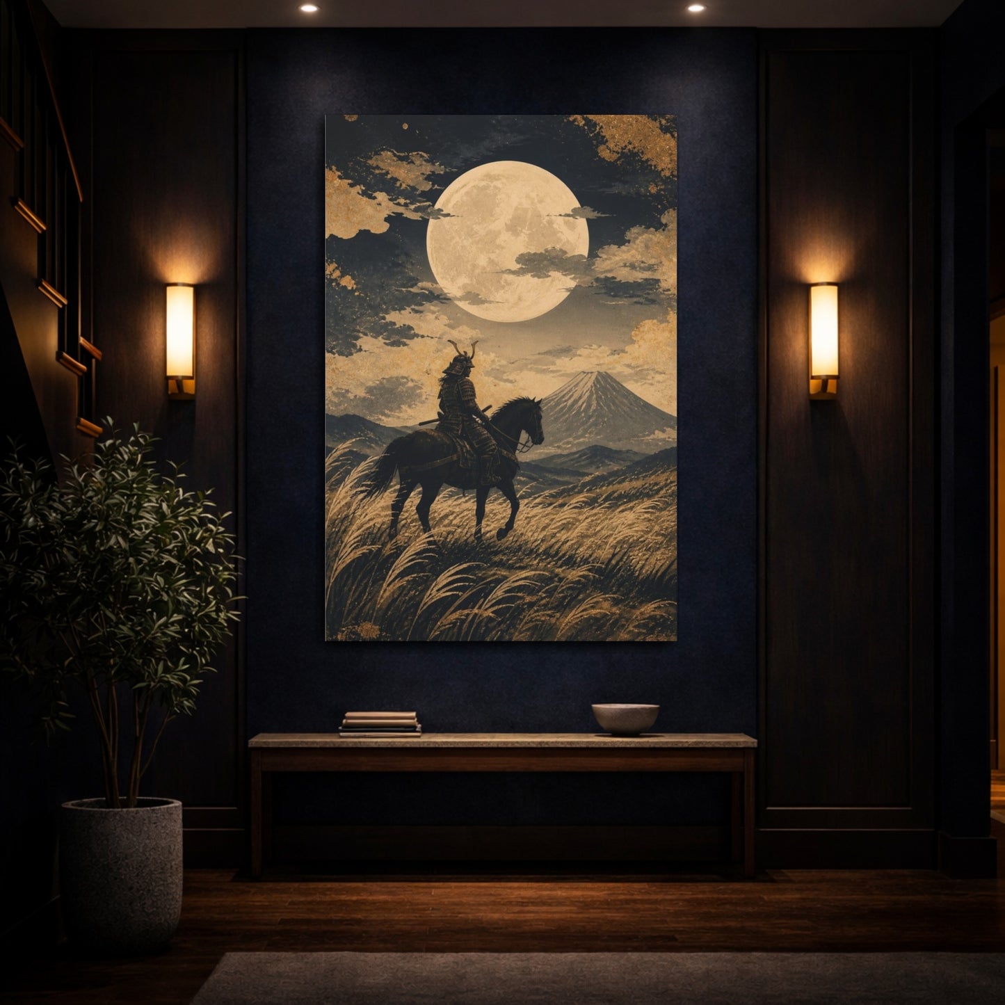 Mockup 4. Japanese Samurai Under Moon shown as canvas print