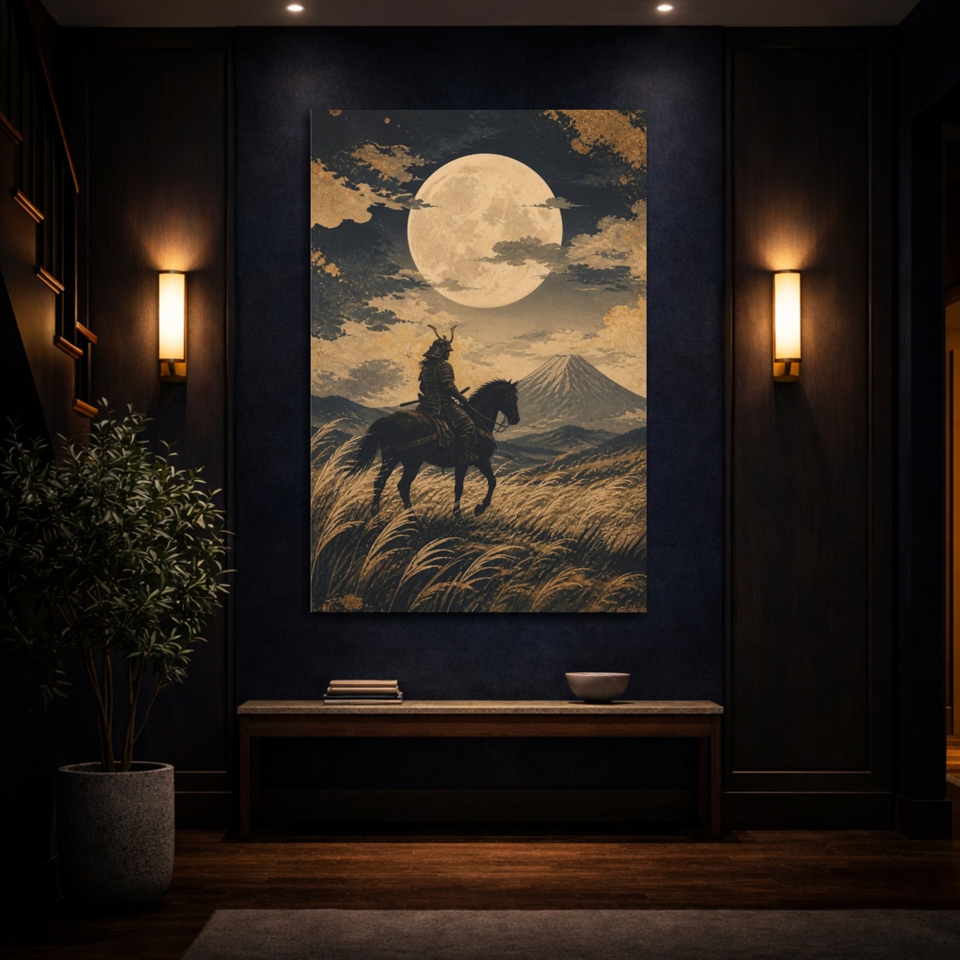 Mockup 4. Japanese Samurai Under Moon shown as canvas print