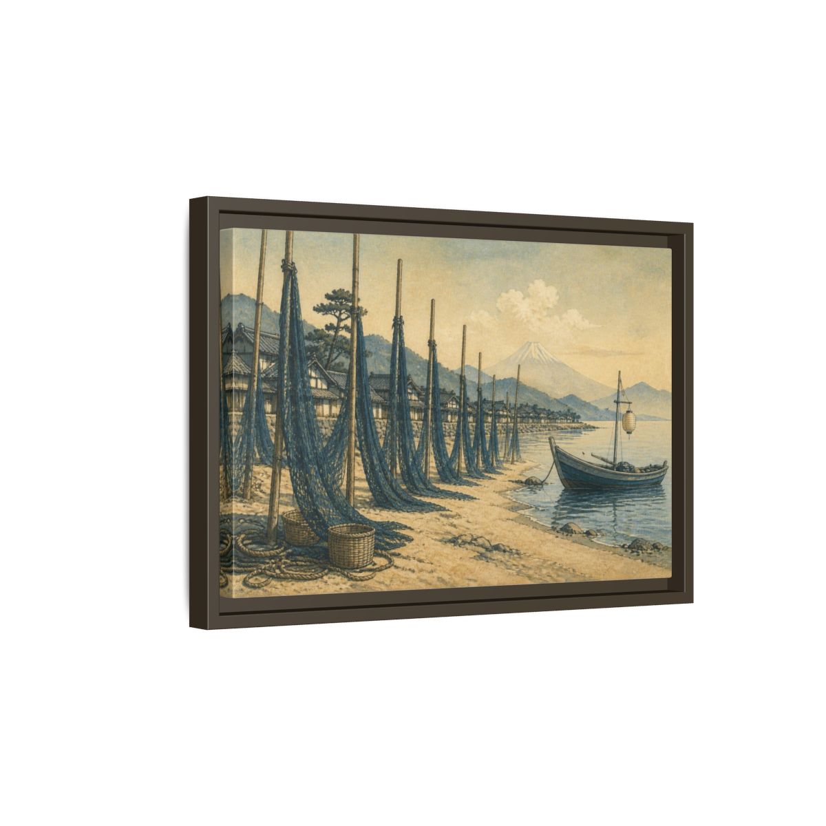 Side Mockup 5. Japanese Seaside Fishing Nets shown as framed canvas print
