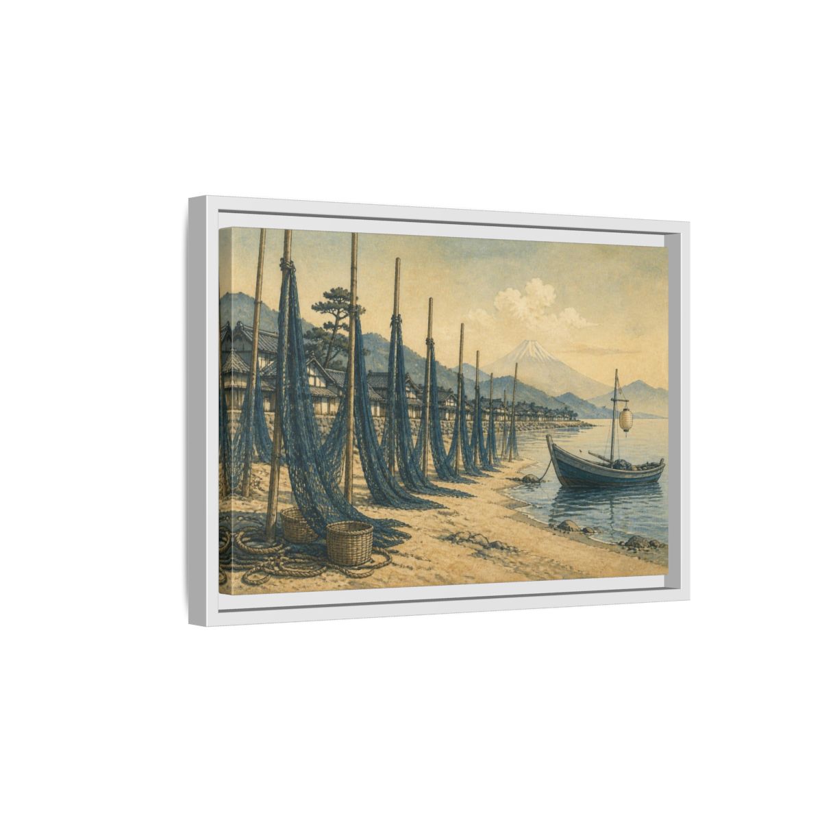 Side Mockup 4. Japanese Seaside Fishing Nets shown as framed canvas print