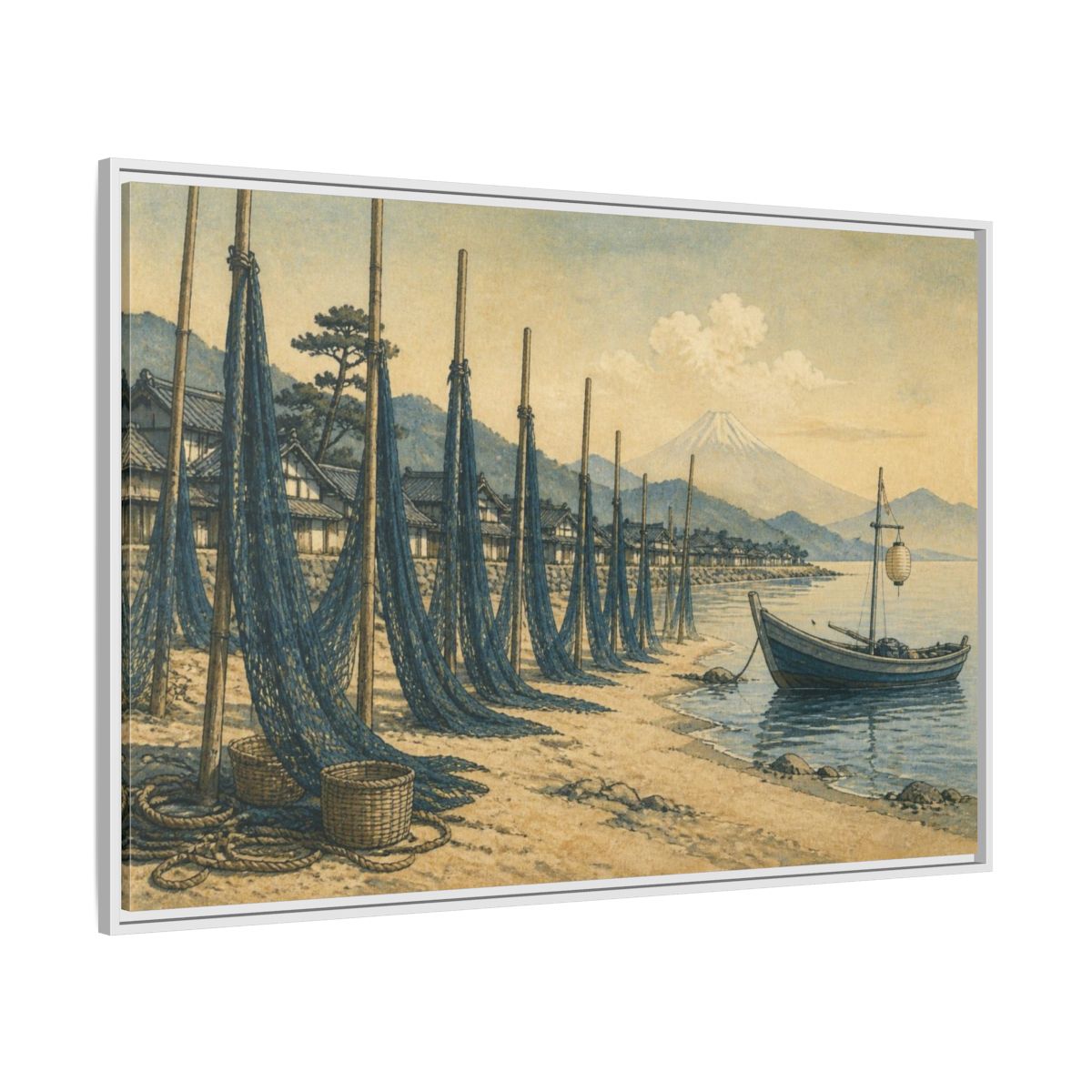 Side Mockup 7. Japanese Seaside Fishing Nets shown as framed canvas print