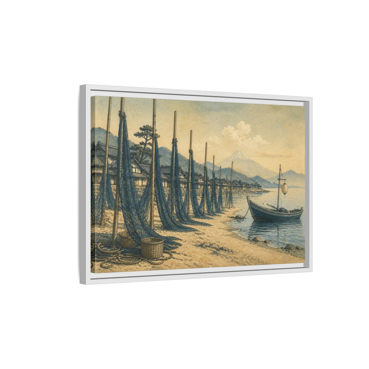 Side Mockup 1. Japanese Seaside Fishing Nets shown as framed canvas print