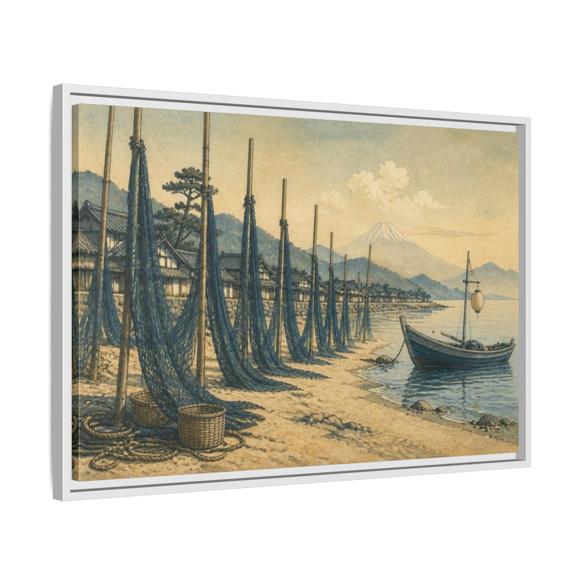 Side Mockup 10. Japanese Seaside Fishing Nets shown as framed canvas print