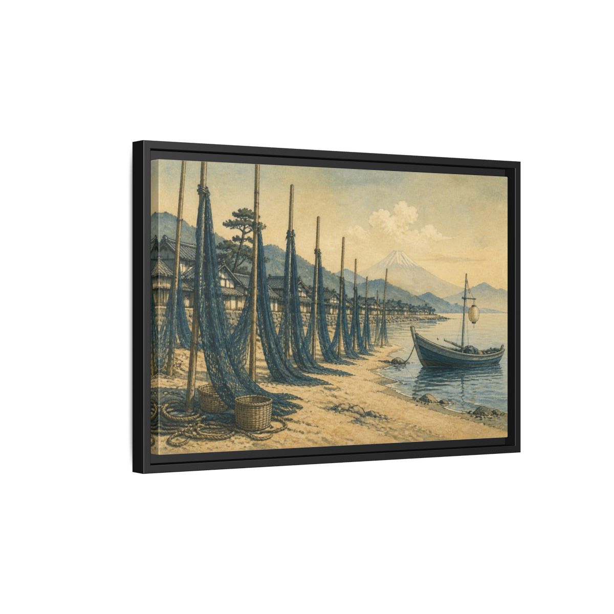 Side Mockup 3. Japanese Seaside Fishing Nets shown as framed canvas print