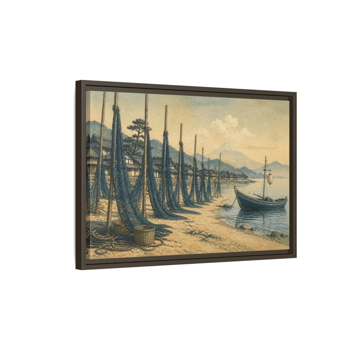 Side Mockup 2. Japanese Seaside Fishing Nets shown as framed canvas print