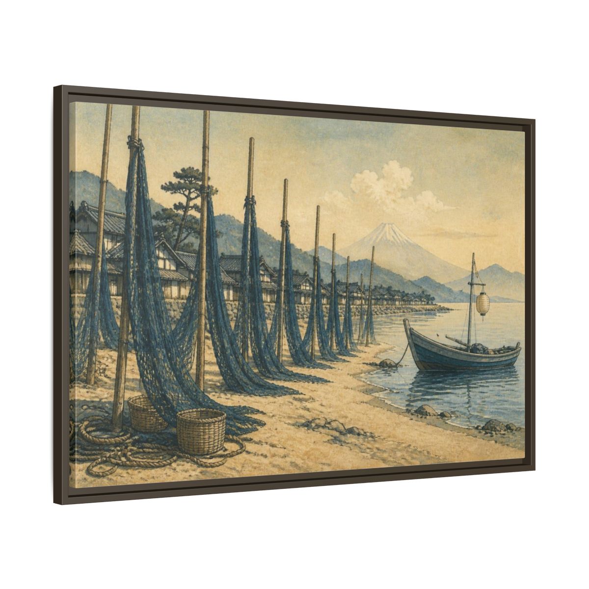 Main Mockup. Japanese Seaside Fishing Nets shown as framed canvas print