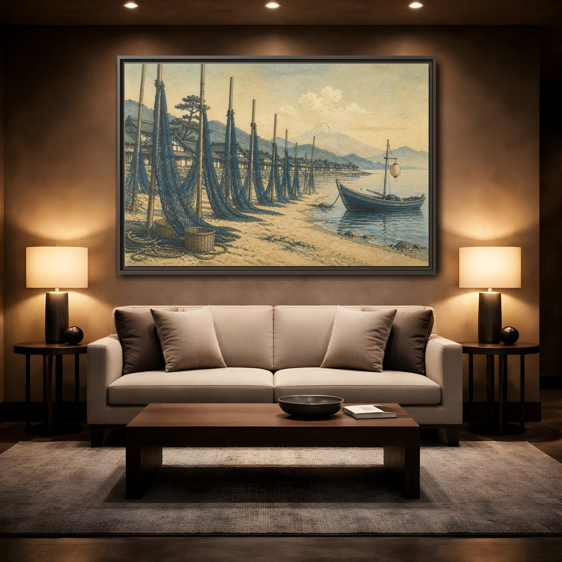 Mockup 2. Japanese Seaside Fishing Nets shown as framed canvas print