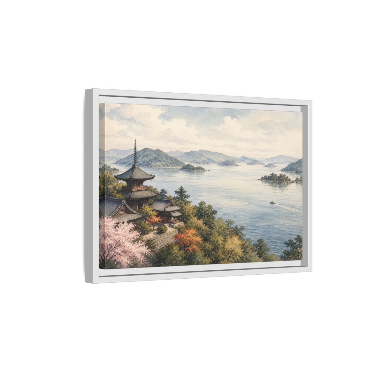 Side Mockup 4. Japanese Seaside Pagoda shown as framed canvas print