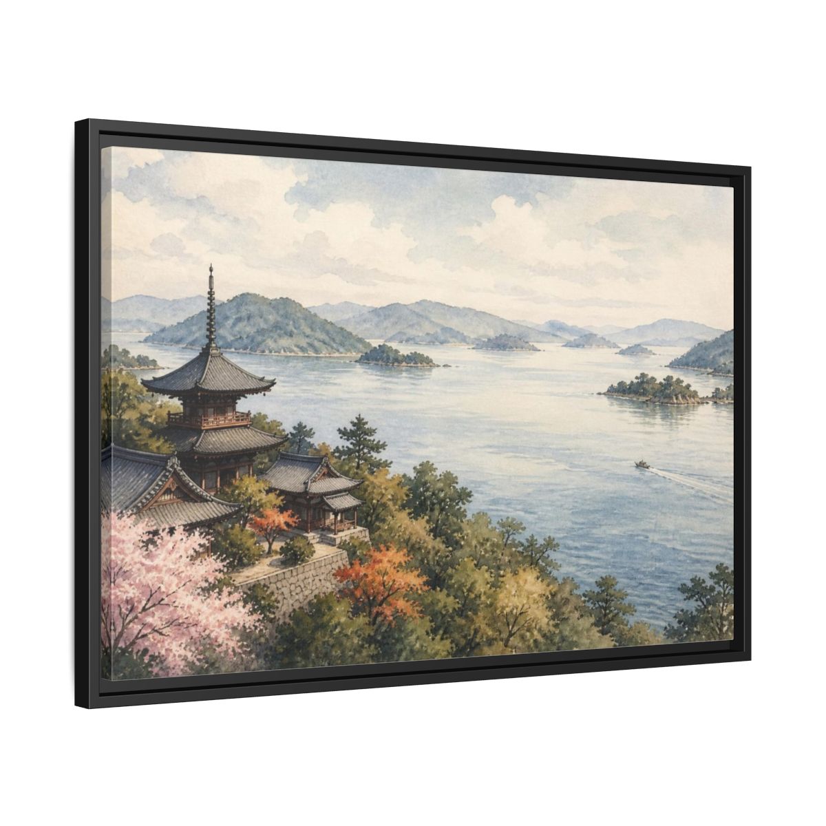 Side Mockup 14. Japanese Seaside Pagoda shown as framed canvas print