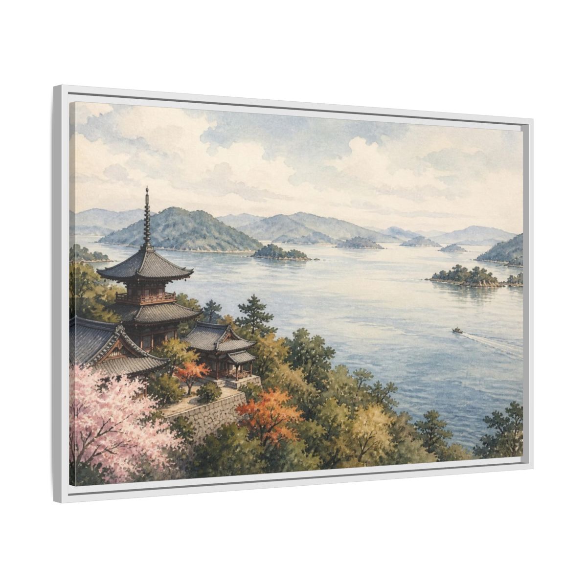 Side Mockup 9. Japanese Seaside Pagoda shown as framed canvas print