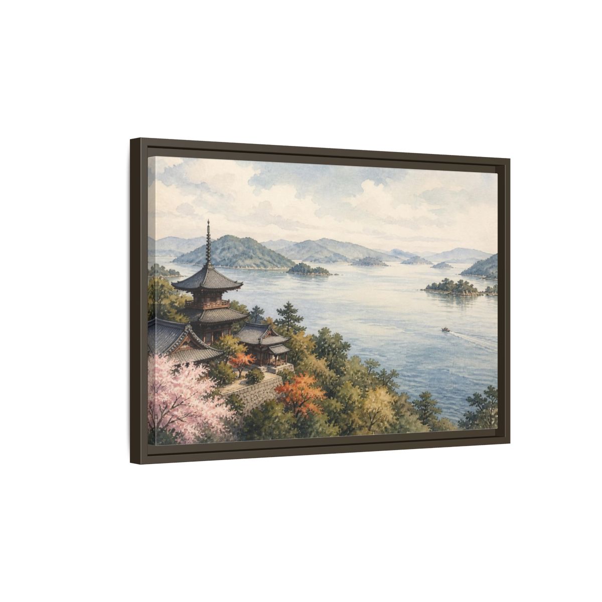 Side Mockup 2. Japanese Seaside Pagoda shown as framed canvas print