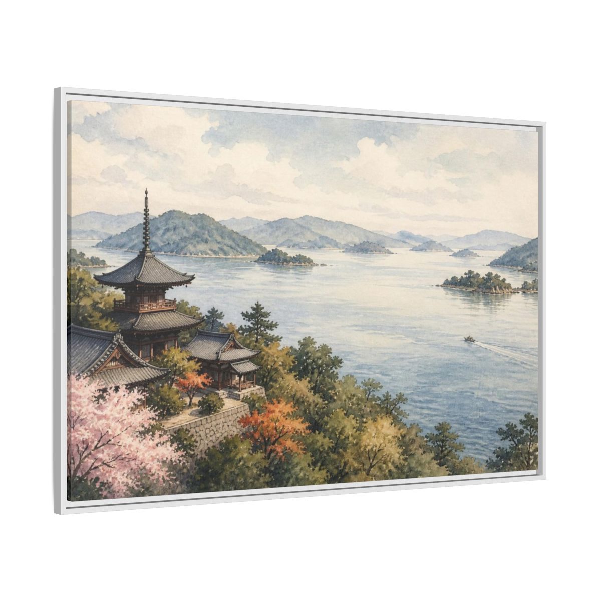 Side Mockup 7. Japanese Seaside Pagoda shown as framed canvas print