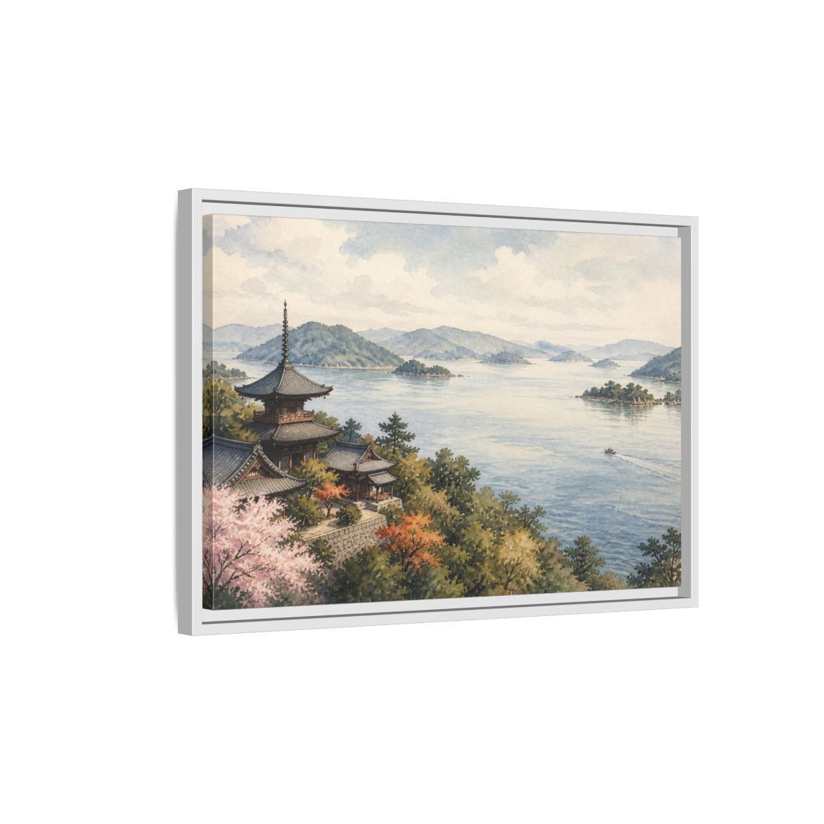 Side Mockup 1. Japanese Seaside Pagoda shown as framed canvas print