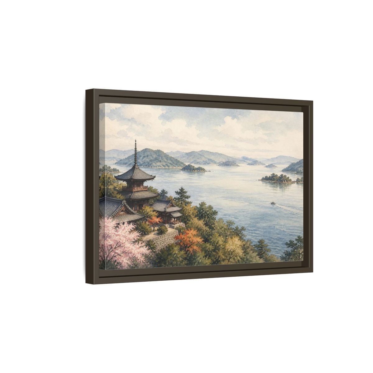 Side Mockup 5. Japanese Seaside Pagoda shown as framed canvas print