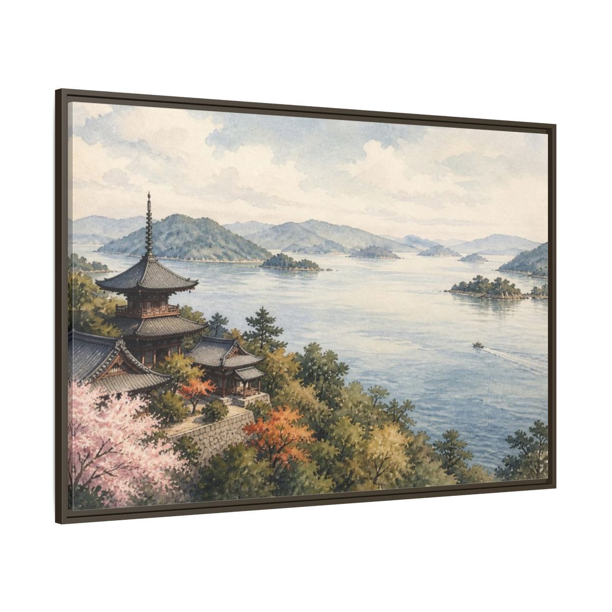 Side Mockup 8. Japanese Seaside Pagoda shown as framed canvas print