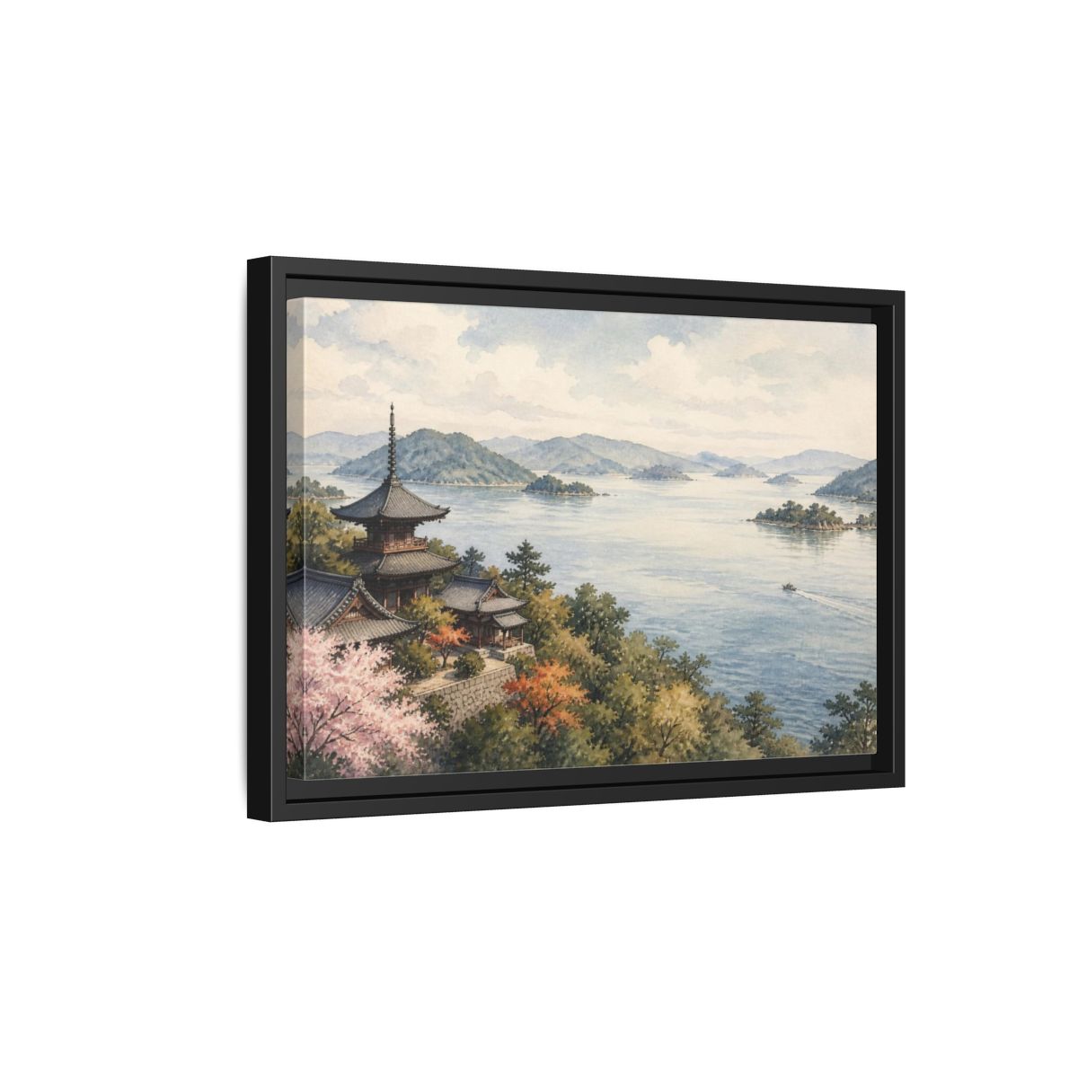 Side Mockup 6. Japanese Seaside Pagoda shown as framed canvas print