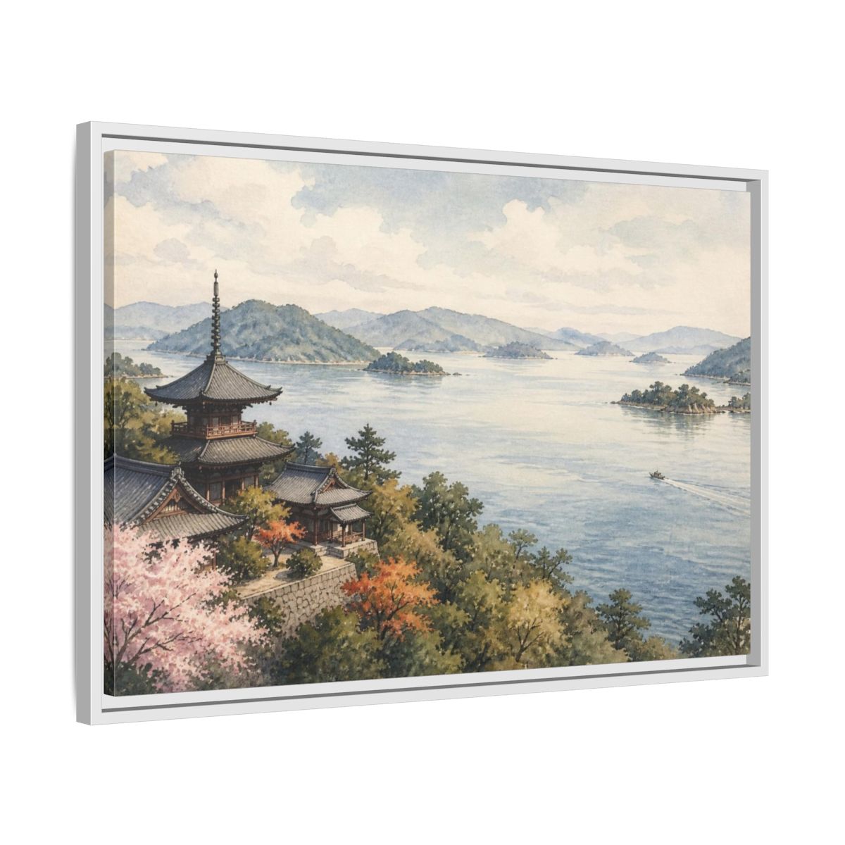 Side Mockup 10. Japanese Seaside Pagoda shown as framed canvas print