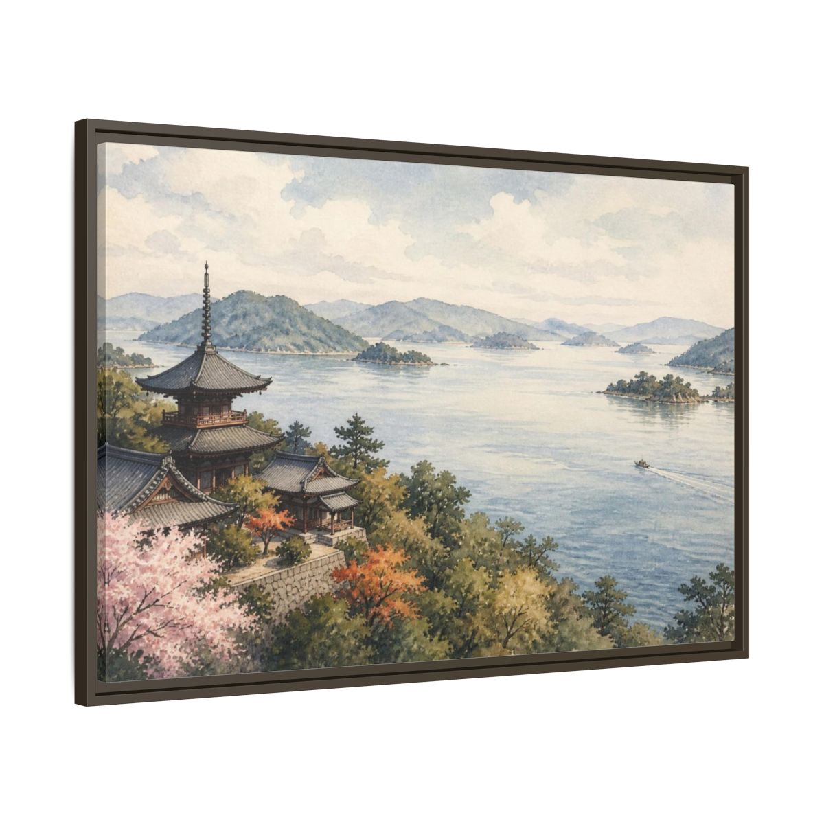Main Mockup. Japanese Seaside Pagoda shown as framed canvas print