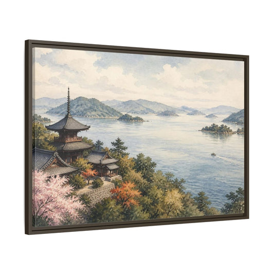 Main Mockup. Japanese Seaside Pagoda shown as framed canvas print