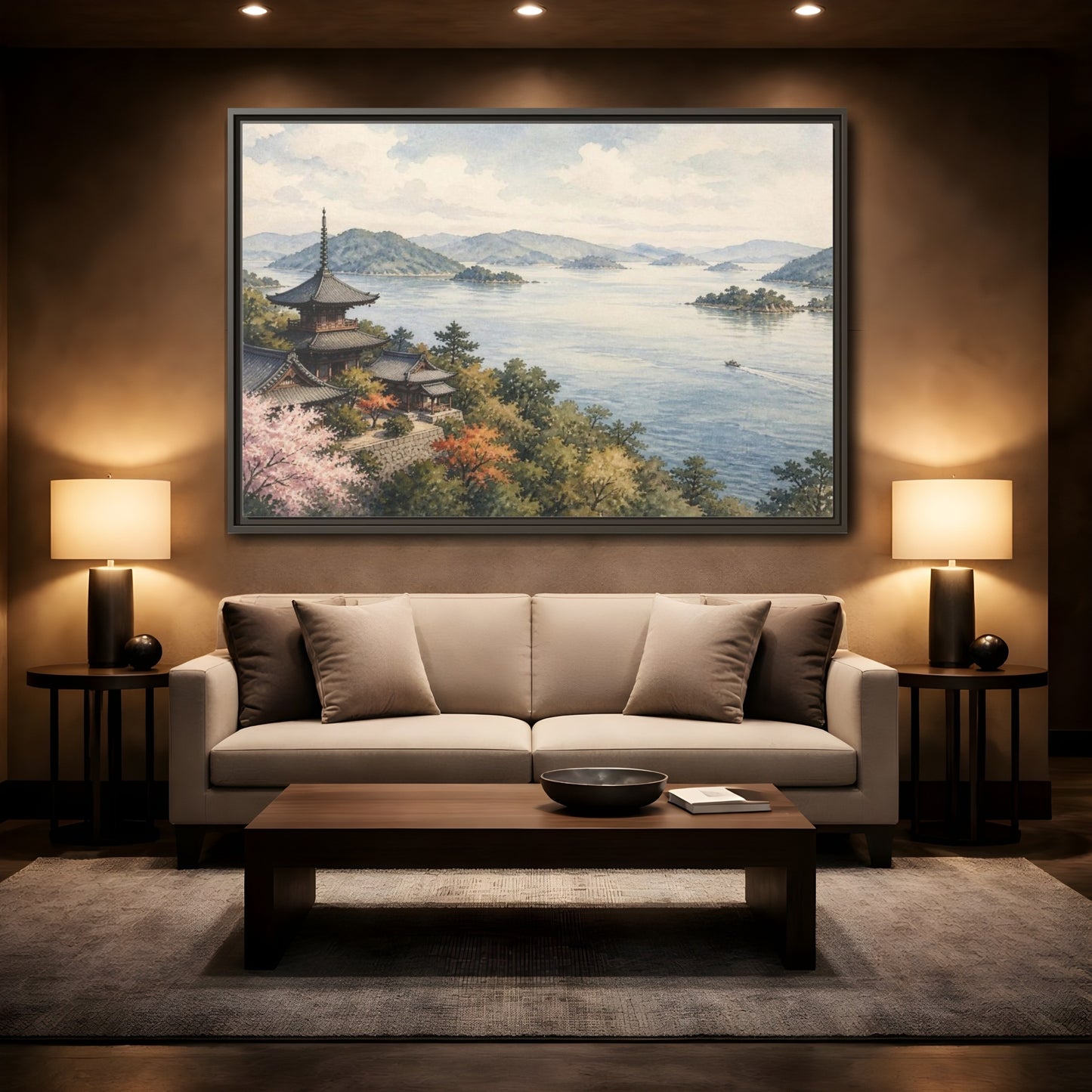 Mockup 2. Japanese Seaside Pagoda shown as framed canvas print