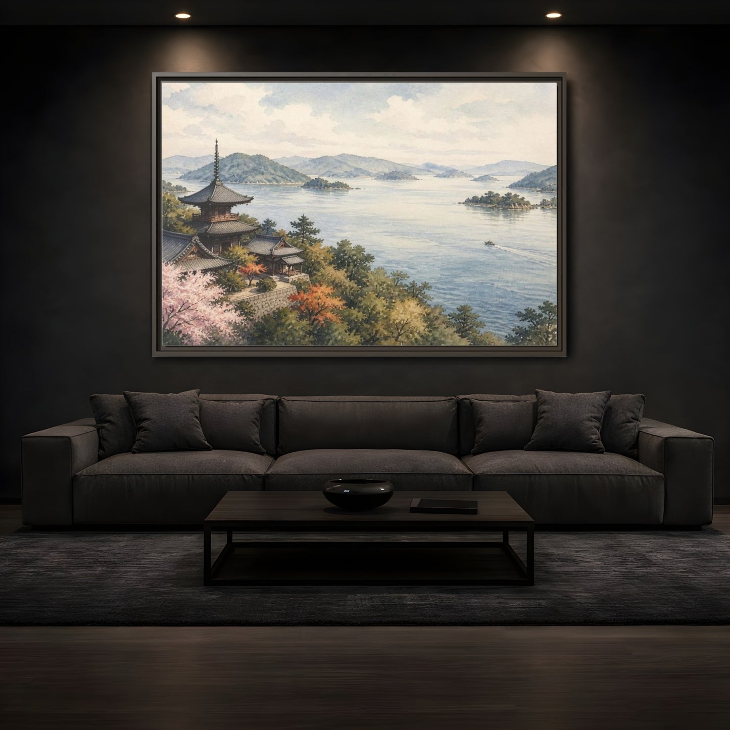 Mockup 3. Japanese Seaside Pagoda shown as framed canvas print