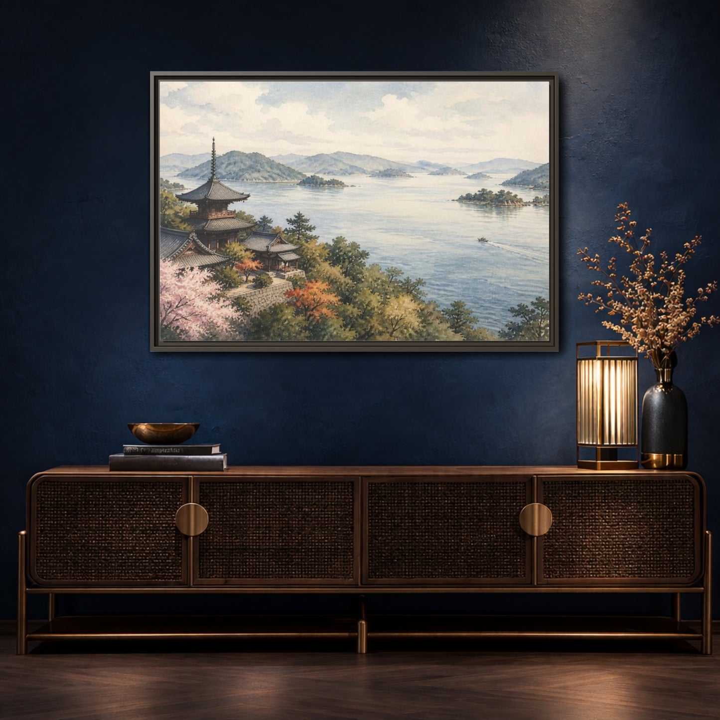 Mockup 4. Japanese Seaside Pagoda shown as framed canvas print