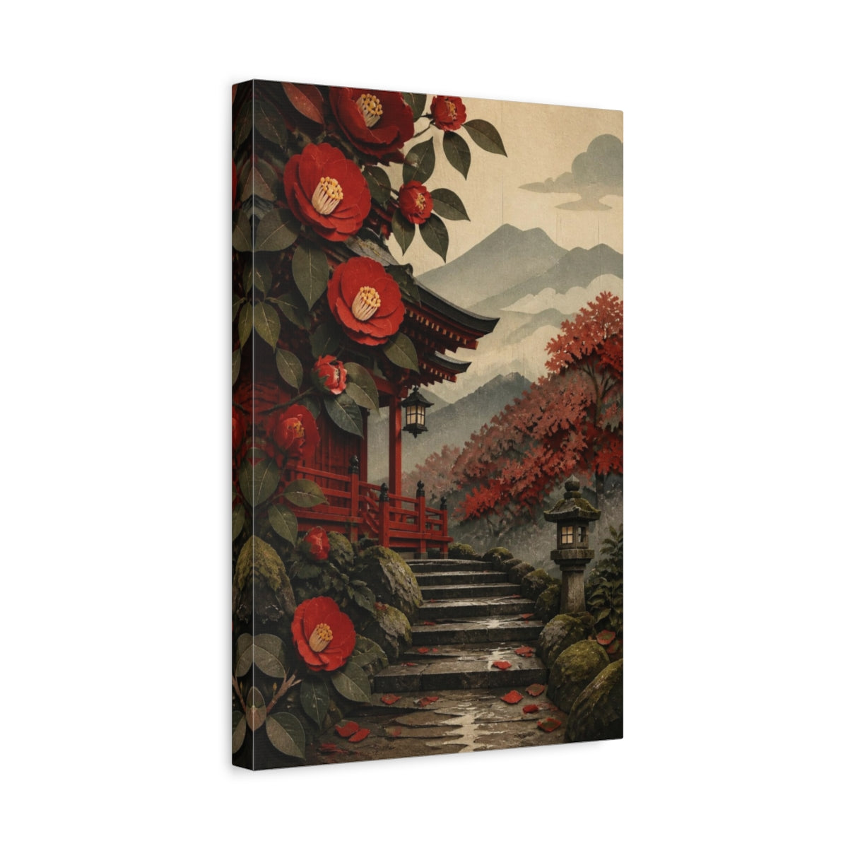 Side Mockup 4. Japanese Shrine Camellias shown as canvas print