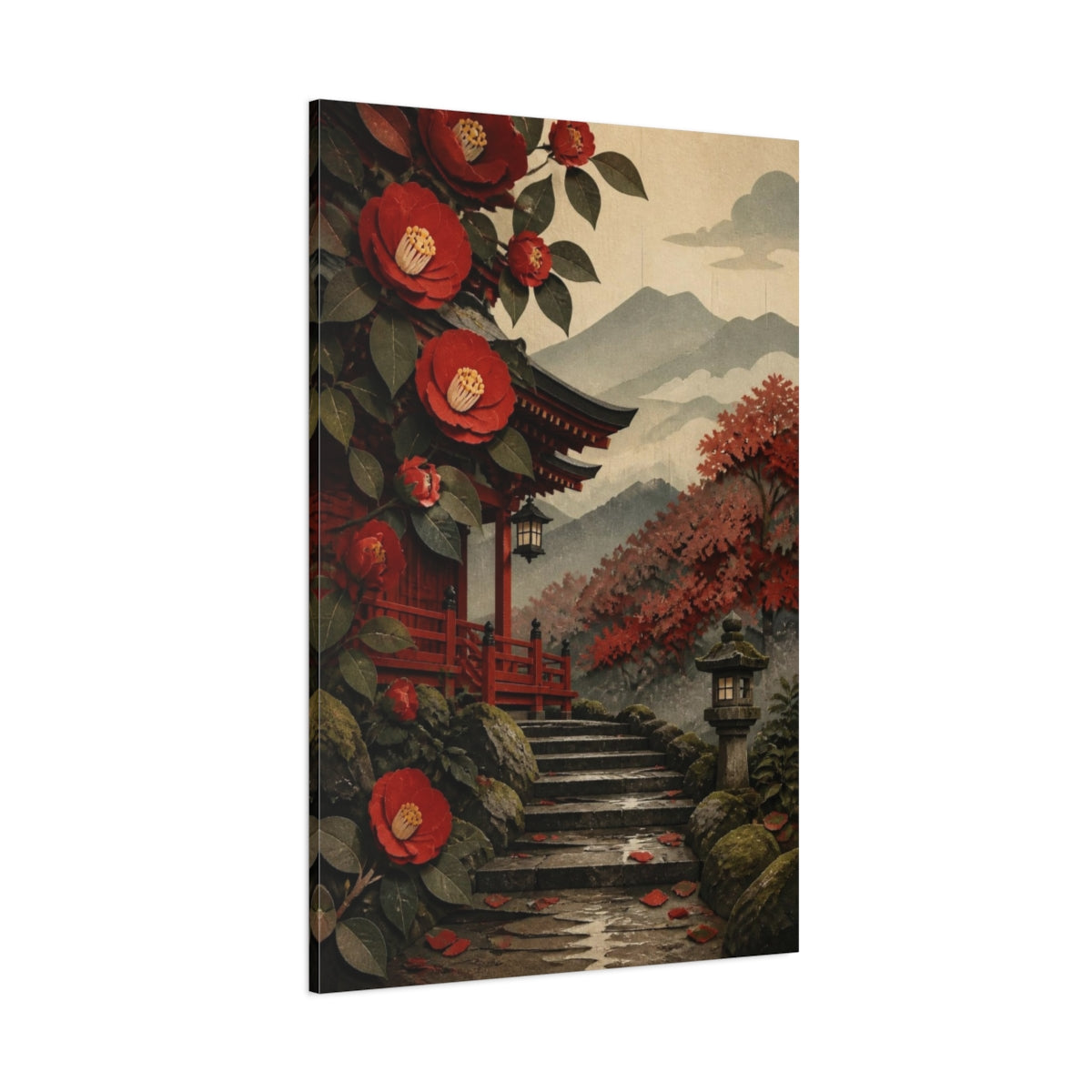 Side Mockup 1. Japanese Shrine Camellias shown as canvas print