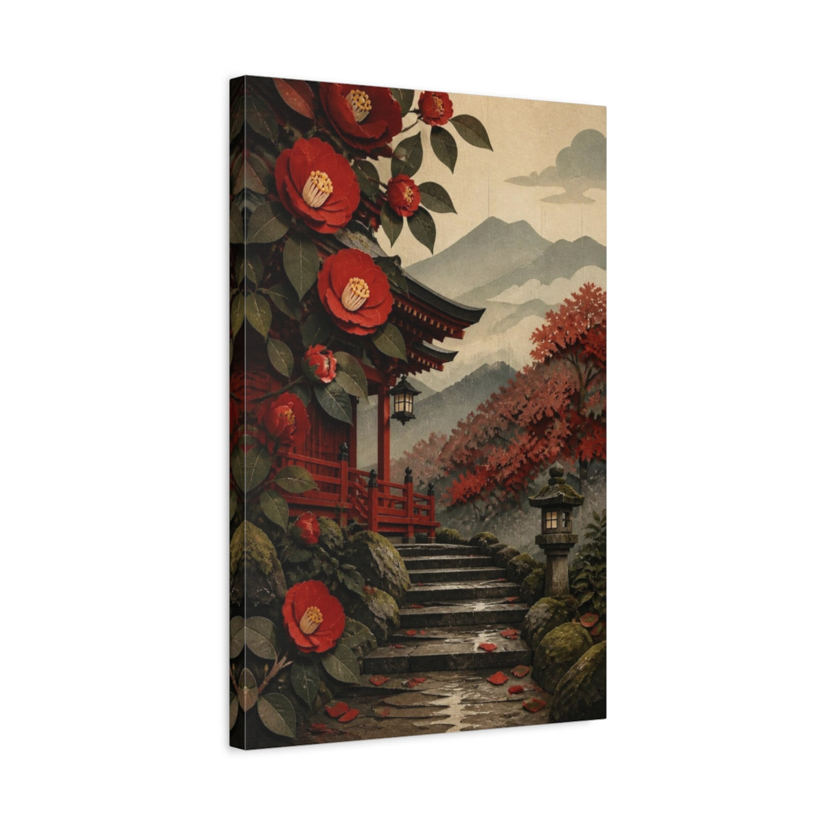 Side Mockup 3. Japanese Shrine Camellias shown as canvas print