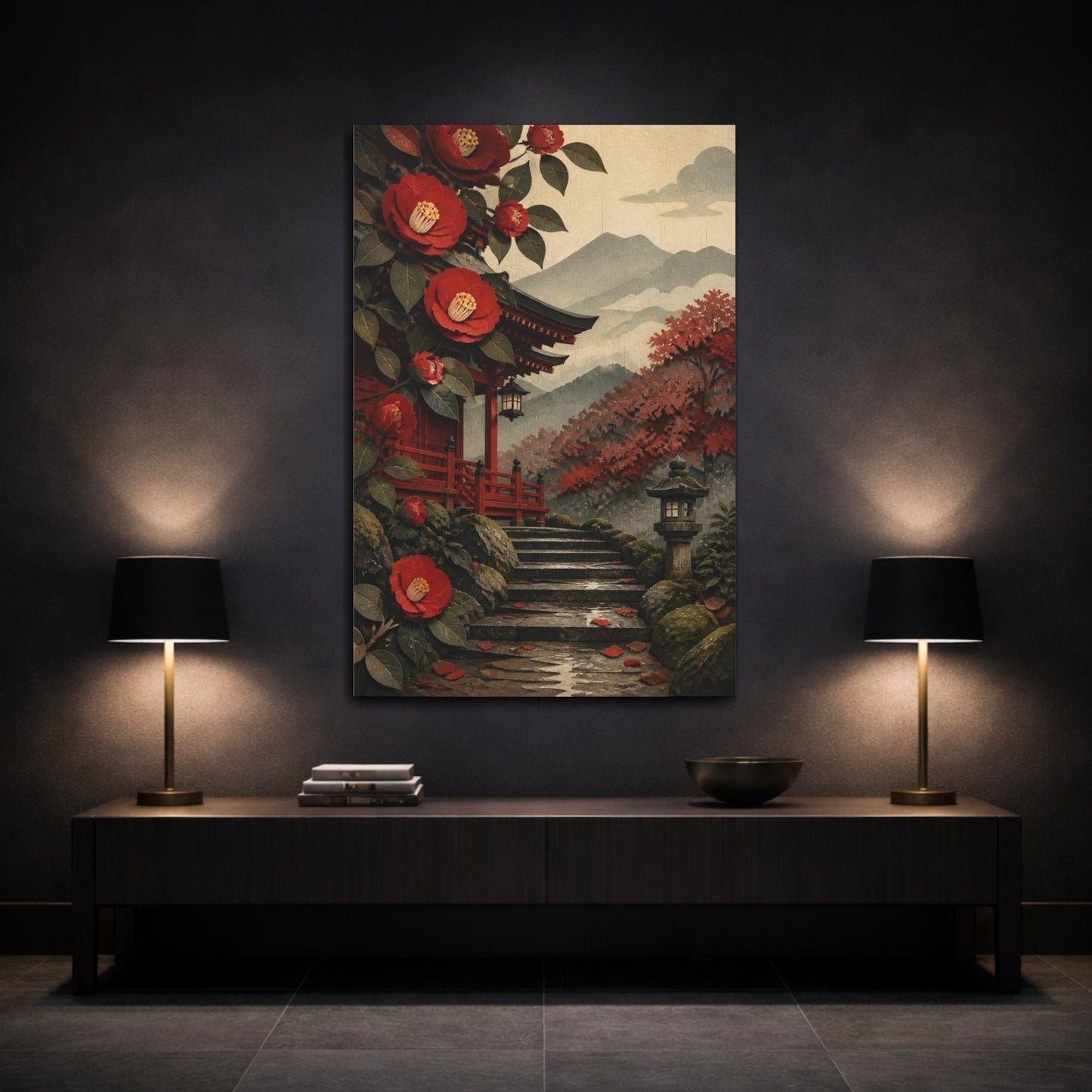 Mockup 3. Japanese Shrine Camellias shown as canvas print