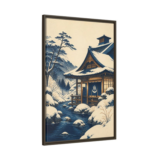 Main Mockup. Japanese Snow Bathhouse shown as framed canvas print