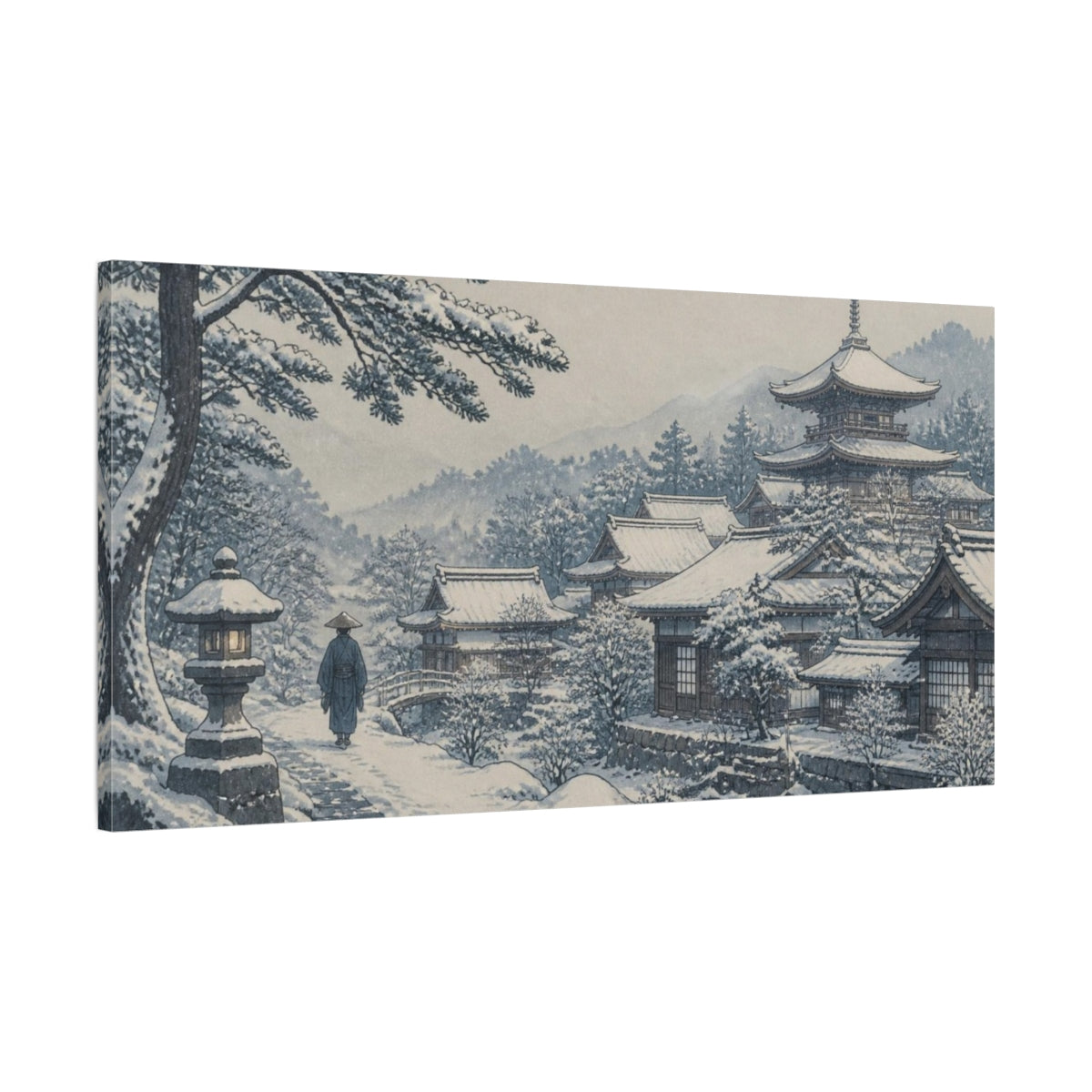 Main Mockup. Japanese Snow Temple Village shown as canvas print